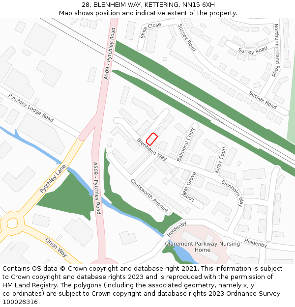 28, BLENHEIM WAY, KETTERING, NN15 6XH: Location map and indicative extent of plot