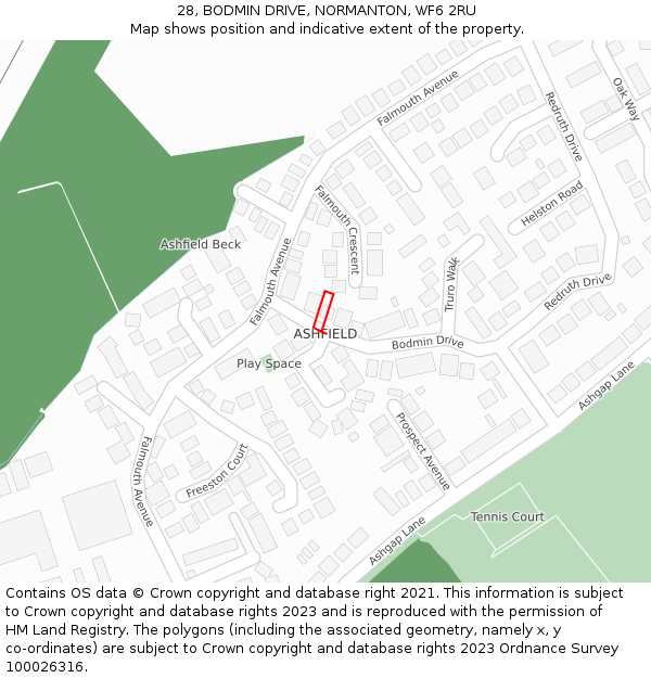 28, BODMIN DRIVE, NORMANTON, WF6 2RU: Location map and indicative extent of plot