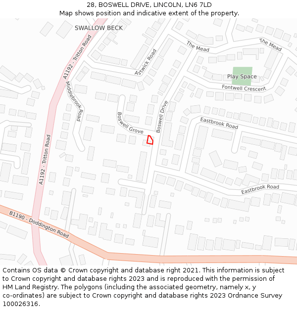 28, BOSWELL DRIVE, LINCOLN, LN6 7LD: Location map and indicative extent of plot