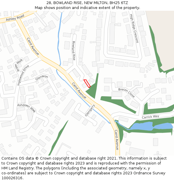 28, BOWLAND RISE, NEW MILTON, BH25 6TZ: Location map and indicative extent of plot