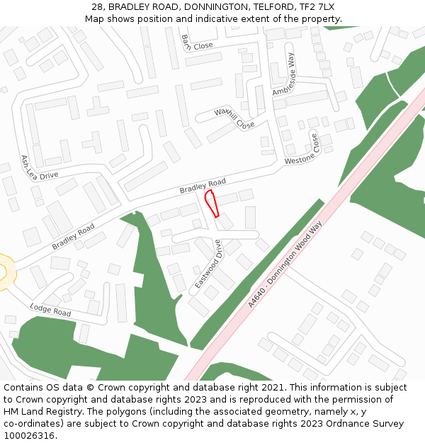 28, BRADLEY ROAD, DONNINGTON, TELFORD, TF2 7LX: Location map and indicative extent of plot