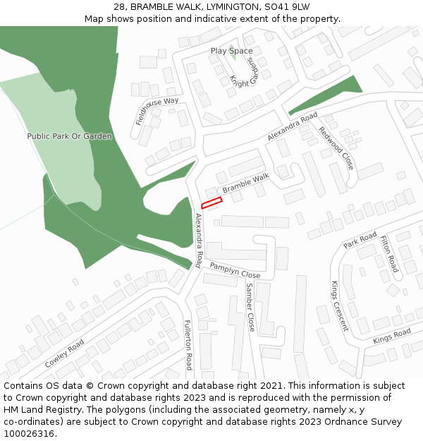 28, BRAMBLE WALK, LYMINGTON, SO41 9LW: Location map and indicative extent of plot