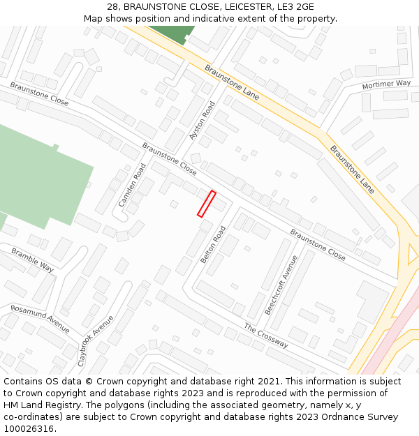 28, BRAUNSTONE CLOSE, LEICESTER, LE3 2GE: Location map and indicative extent of plot