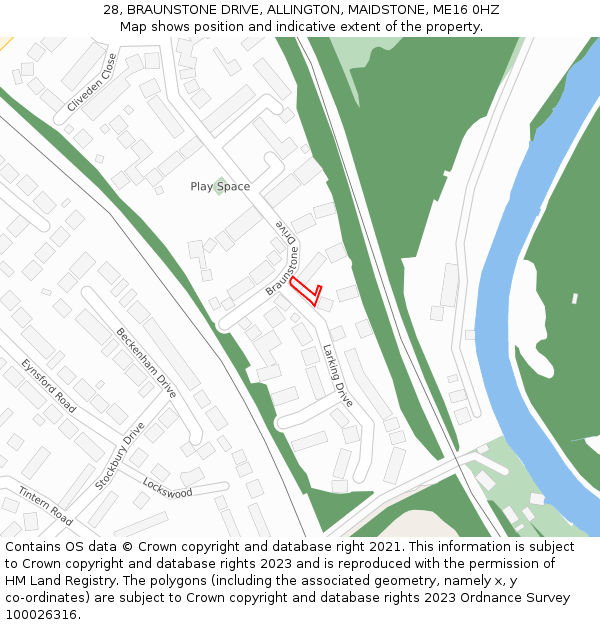 28, BRAUNSTONE DRIVE, ALLINGTON, MAIDSTONE, ME16 0HZ: Location map and indicative extent of plot