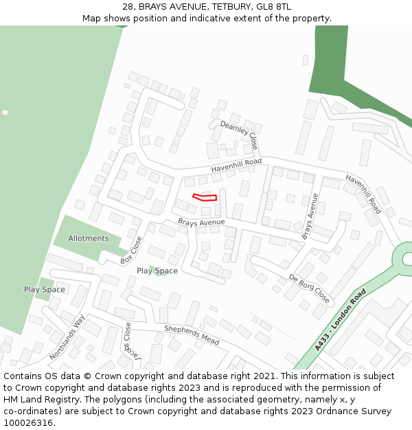 28, BRAYS AVENUE, TETBURY, GL8 8TL: Location map and indicative extent of plot