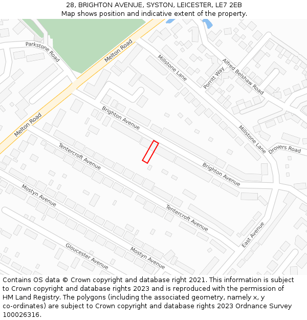 28, BRIGHTON AVENUE, SYSTON, LEICESTER, LE7 2EB: Location map and indicative extent of plot