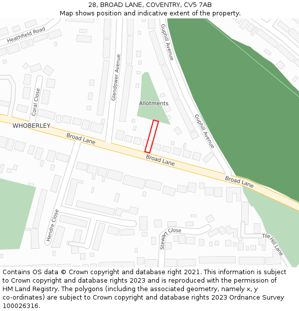 28, BROAD LANE, COVENTRY, CV5 7AB: Location map and indicative extent of plot