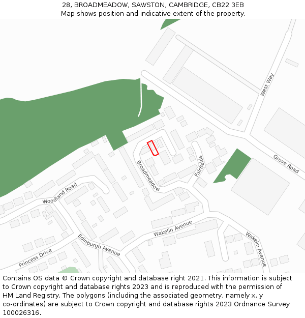 28, BROADMEADOW, SAWSTON, CAMBRIDGE, CB22 3EB: Location map and indicative extent of plot