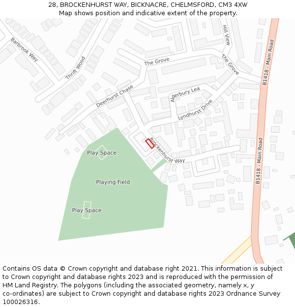 28, BROCKENHURST WAY, BICKNACRE, CHELMSFORD, CM3 4XW: Location map and indicative extent of plot