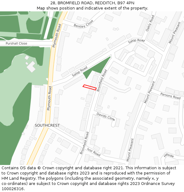 28, BROMFIELD ROAD, REDDITCH, B97 4PN: Location map and indicative extent of plot