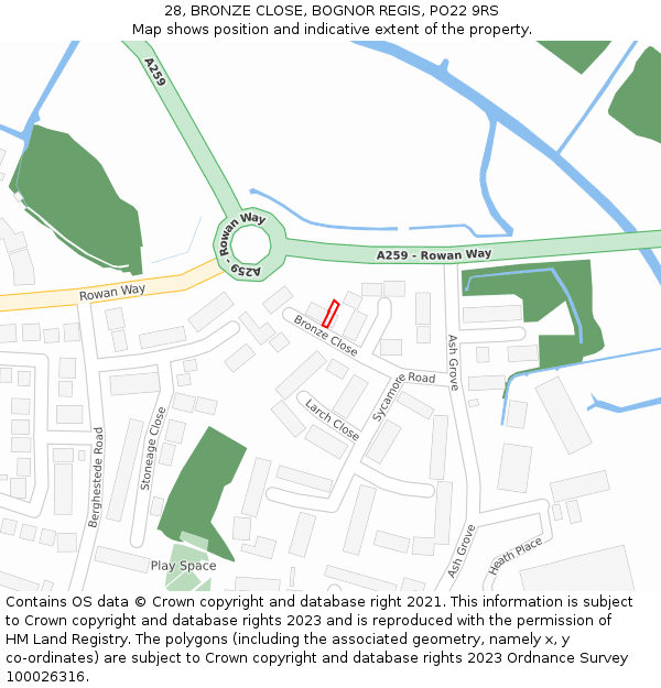 28, BRONZE CLOSE, BOGNOR REGIS, PO22 9RS: Location map and indicative extent of plot