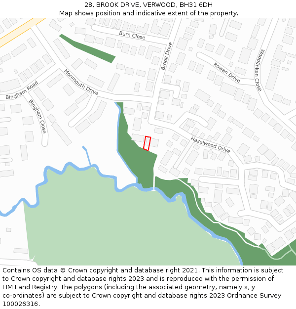 28, BROOK DRIVE, VERWOOD, BH31 6DH: Location map and indicative extent of plot