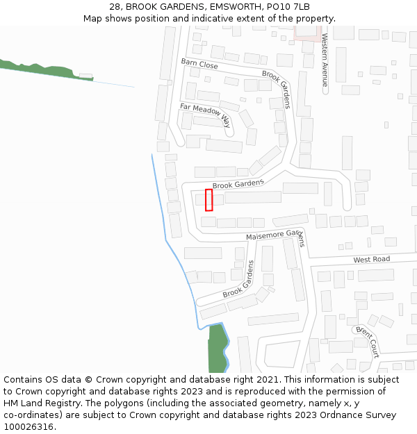 28, BROOK GARDENS, EMSWORTH, PO10 7LB: Location map and indicative extent of plot