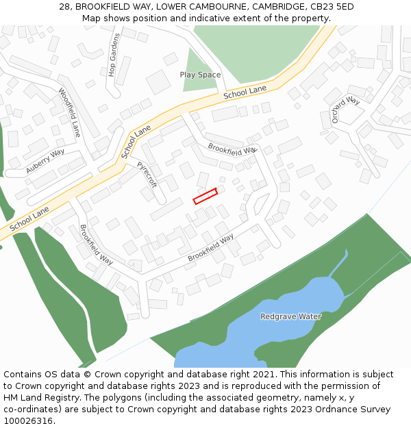 28, BROOKFIELD WAY, LOWER CAMBOURNE, CAMBRIDGE, CB23 5ED: Location map and indicative extent of plot