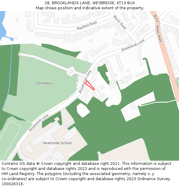 28, BROOKLANDS LANE, WEYBRIDGE, KT13 8UX: Location map and indicative extent of plot