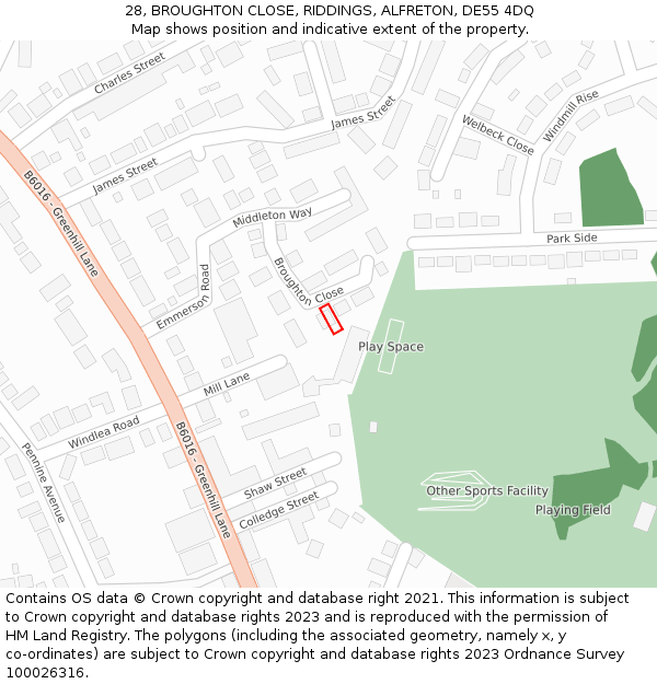 28, BROUGHTON CLOSE, RIDDINGS, ALFRETON, DE55 4DQ: Location map and indicative extent of plot