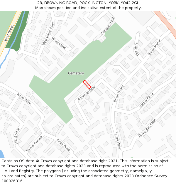 28, BROWNING ROAD, POCKLINGTON, YORK, YO42 2GL: Location map and indicative extent of plot