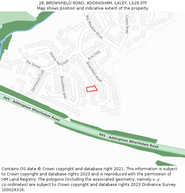 28, BROWSFIELD ROAD, ADDINGHAM, ILKLEY, LS29 0TF: Location map and indicative extent of plot