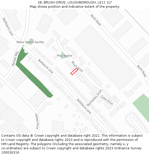 28, BRUSH DRIVE, LOUGHBOROUGH, LE11 1LT: Location map and indicative extent of plot