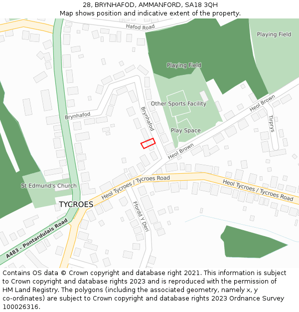 28, BRYNHAFOD, AMMANFORD, SA18 3QH: Location map and indicative extent of plot