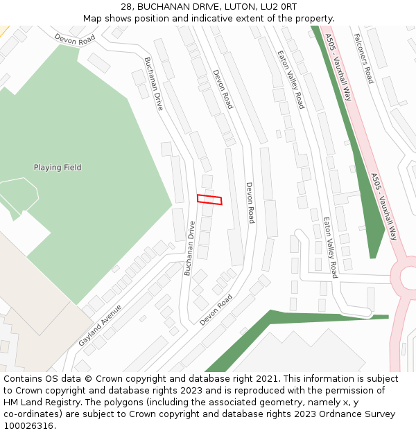 28, BUCHANAN DRIVE, LUTON, LU2 0RT: Location map and indicative extent of plot