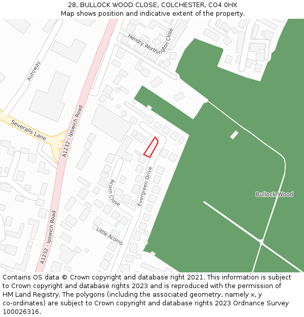 28, BULLOCK WOOD CLOSE, COLCHESTER, CO4 0HX: Location map and indicative extent of plot