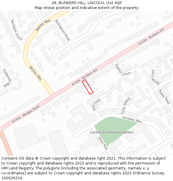 28, BUNKERS HILL, LINCOLN, LN2 4QP: Location map and indicative extent of plot