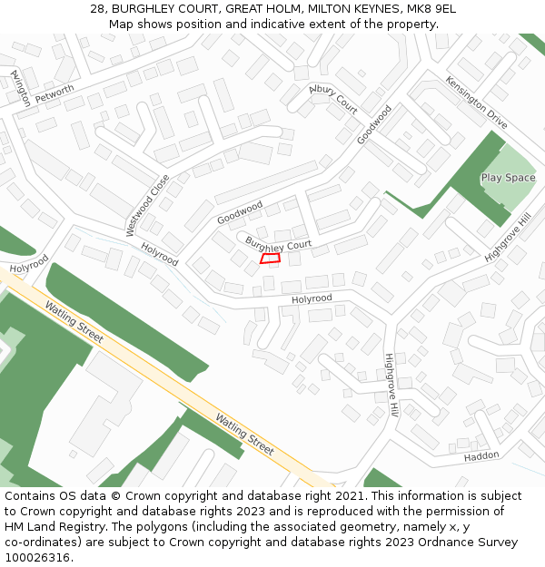 28, BURGHLEY COURT, GREAT HOLM, MILTON KEYNES, MK8 9EL: Location map and indicative extent of plot