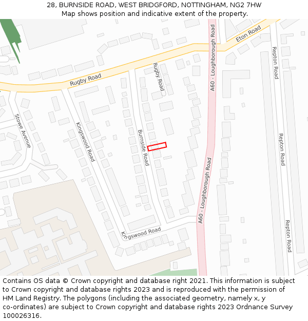 28, BURNSIDE ROAD, WEST BRIDGFORD, NOTTINGHAM, NG2 7HW: Location map and indicative extent of plot