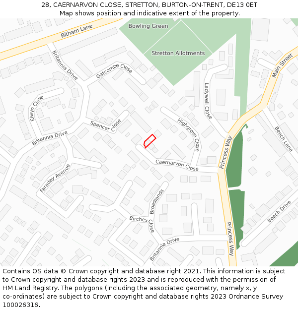 28, CAERNARVON CLOSE, STRETTON, BURTON-ON-TRENT, DE13 0ET: Location map and indicative extent of plot