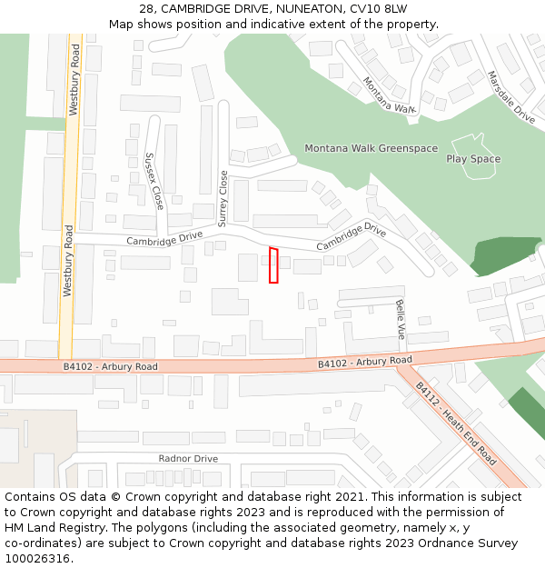 28, CAMBRIDGE DRIVE, NUNEATON, CV10 8LW: Location map and indicative extent of plot