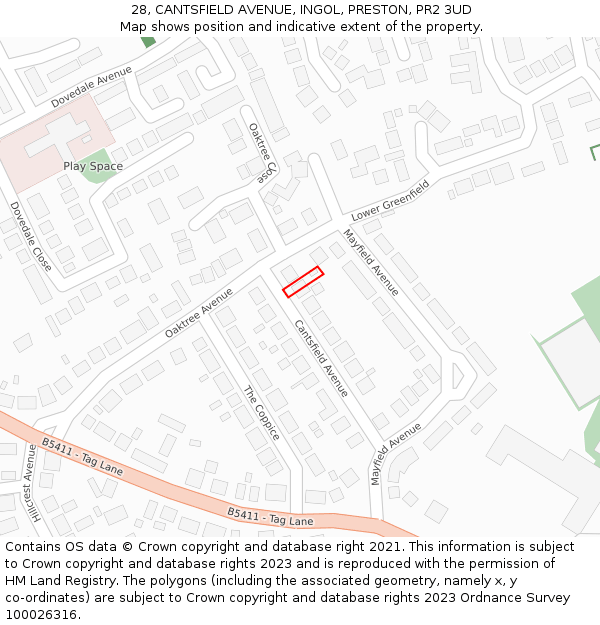 28, CANTSFIELD AVENUE, INGOL, PRESTON, PR2 3UD: Location map and indicative extent of plot