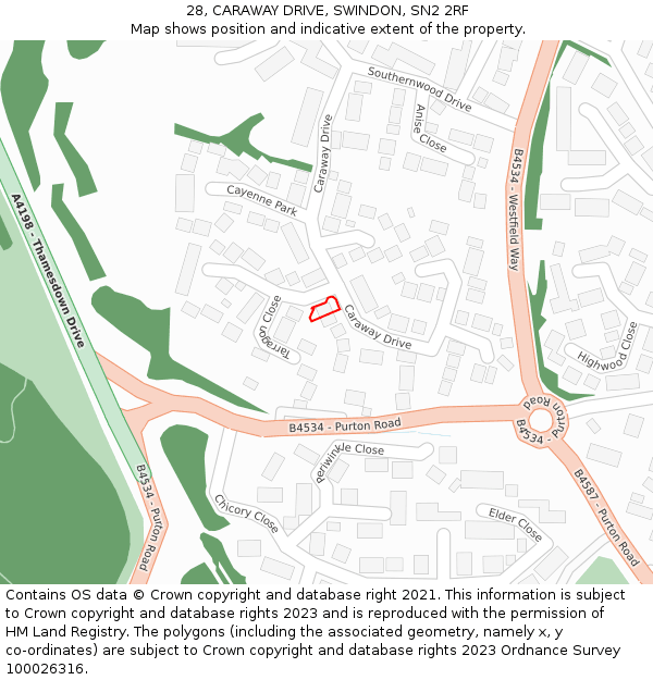 28, CARAWAY DRIVE, SWINDON, SN2 2RF: Location map and indicative extent of plot