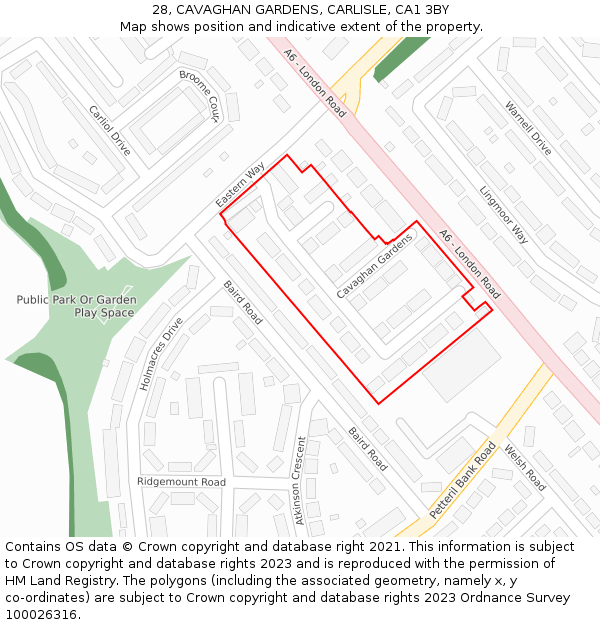 28, CAVAGHAN GARDENS, CARLISLE, CA1 3BY: Location map and indicative extent of plot