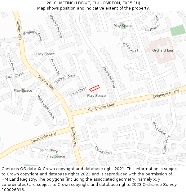 28, CHAFFINCH DRIVE, CULLOMPTON, EX15 1UJ: Location map and indicative extent of plot