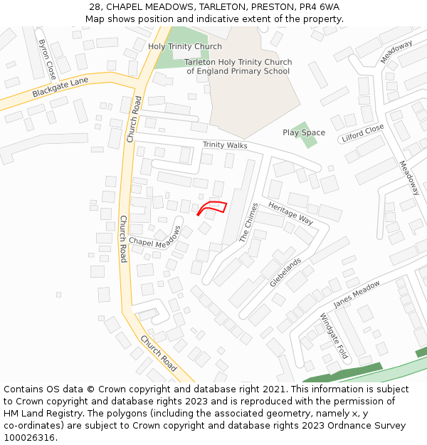 28, CHAPEL MEADOWS, TARLETON, PRESTON, PR4 6WA: Location map and indicative extent of plot
