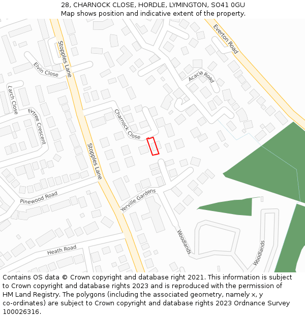 28, CHARNOCK CLOSE, HORDLE, LYMINGTON, SO41 0GU: Location map and indicative extent of plot