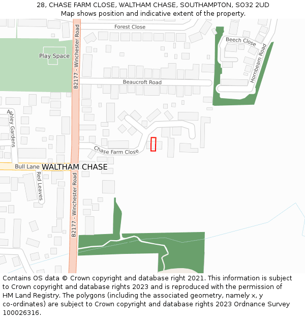 28, CHASE FARM CLOSE, WALTHAM CHASE, SOUTHAMPTON, SO32 2UD: Location map and indicative extent of plot