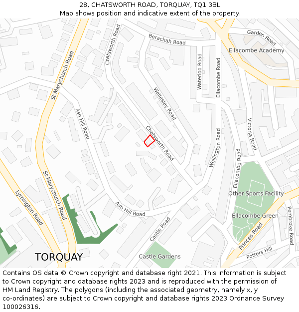 28, CHATSWORTH ROAD, TORQUAY, TQ1 3BL: Location map and indicative extent of plot