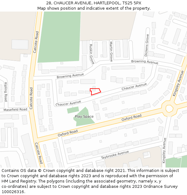 28, CHAUCER AVENUE, HARTLEPOOL, TS25 5PX: Location map and indicative extent of plot