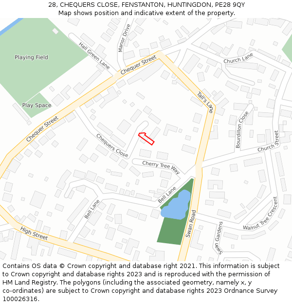 28, CHEQUERS CLOSE, FENSTANTON, HUNTINGDON, PE28 9QY: Location map and indicative extent of plot