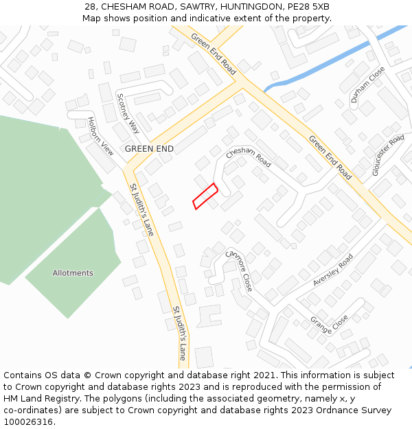 28, CHESHAM ROAD, SAWTRY, HUNTINGDON, PE28 5XB: Location map and indicative extent of plot