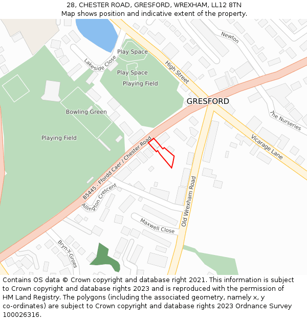 28, CHESTER ROAD, GRESFORD, WREXHAM, LL12 8TN: Location map and indicative extent of plot