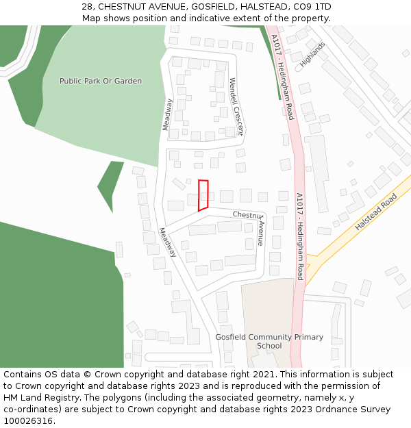 28, CHESTNUT AVENUE, GOSFIELD, HALSTEAD, CO9 1TD: Location map and indicative extent of plot