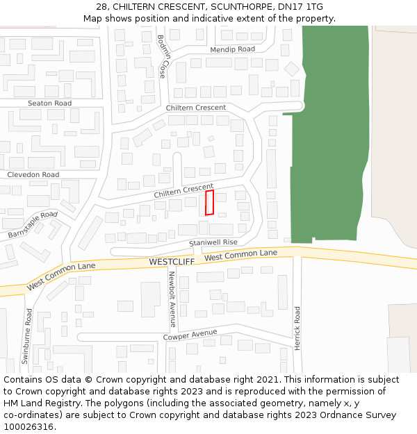 28, CHILTERN CRESCENT, SCUNTHORPE, DN17 1TG: Location map and indicative extent of plot