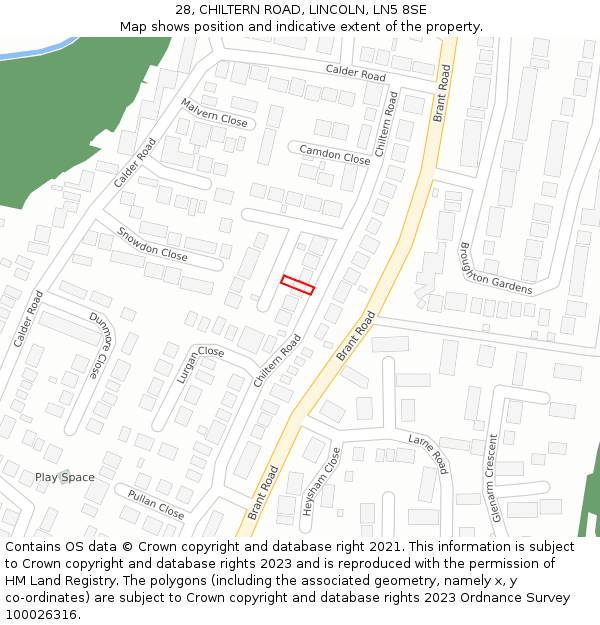 28, CHILTERN ROAD, LINCOLN, LN5 8SE: Location map and indicative extent of plot