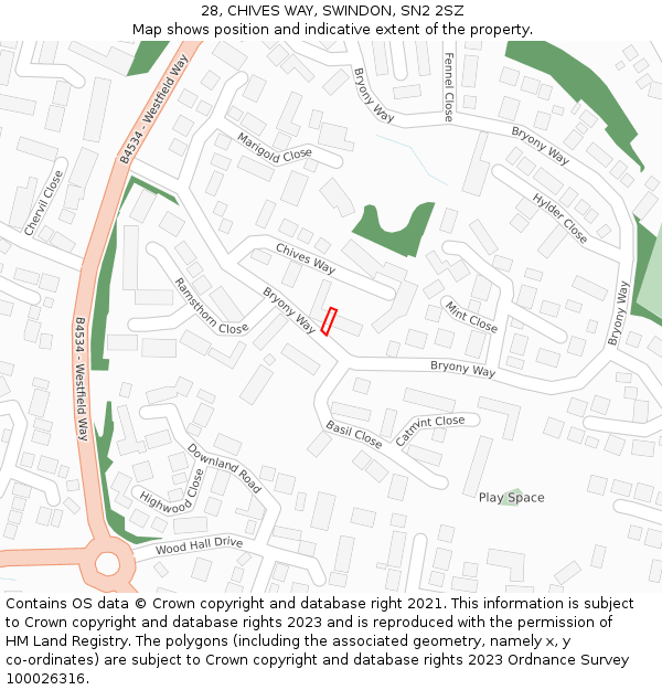 28, CHIVES WAY, SWINDON, SN2 2SZ: Location map and indicative extent of plot