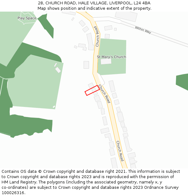 28, CHURCH ROAD, HALE VILLAGE, LIVERPOOL, L24 4BA: Location map and indicative extent of plot