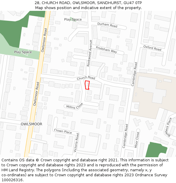 28, CHURCH ROAD, OWLSMOOR, SANDHURST, GU47 0TP: Location map and indicative extent of plot