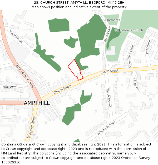 28, CHURCH STREET, AMPTHILL, BEDFORD, MK45 2EH: Location map and indicative extent of plot